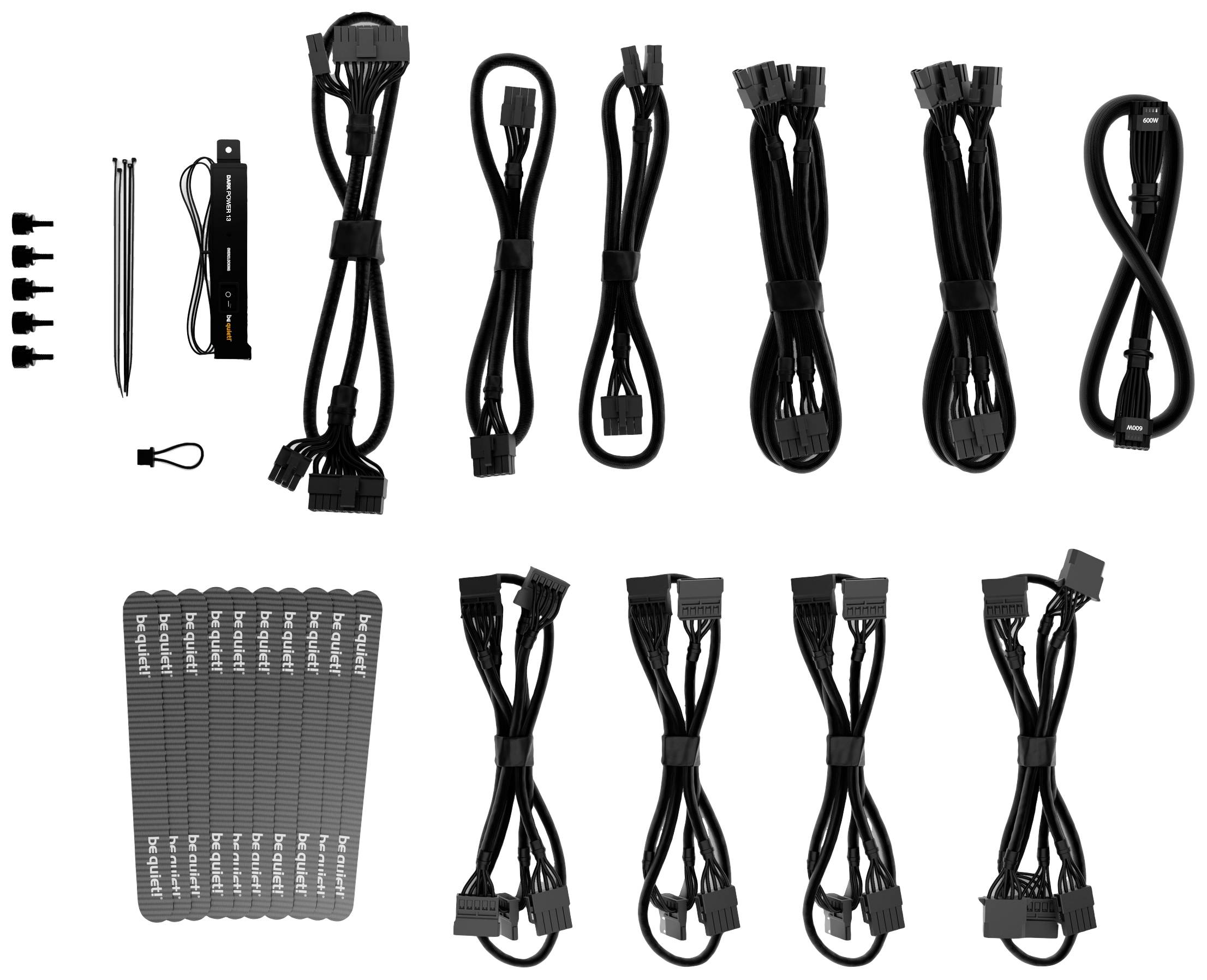 Set di cavi con diversi cavi di alimentazione per PC di colore nero, fascette stringicavo e targhette per l'organizzazione dell'hardware del computer.