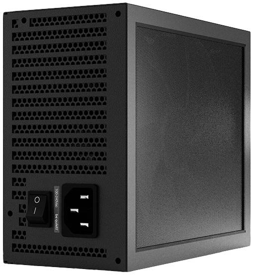Custodia nera per alimentatore di computer con fessure di ventilazione e interruttore di rete.