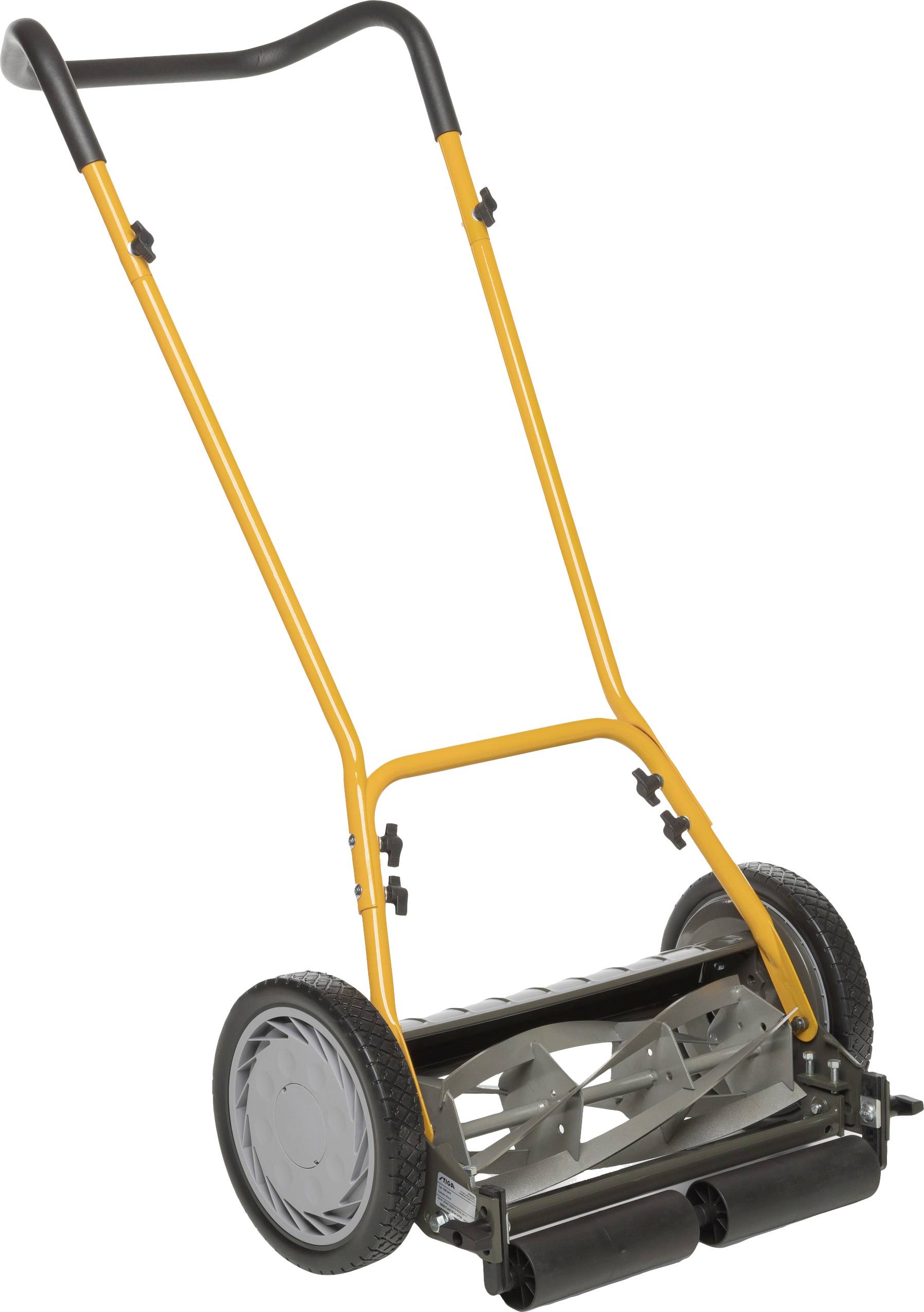 Un tosaerba manuale a spinta con impugnatura arancione e due ruote grandi, ideale per tagliare l'erba in modo silenzioso senza motore.