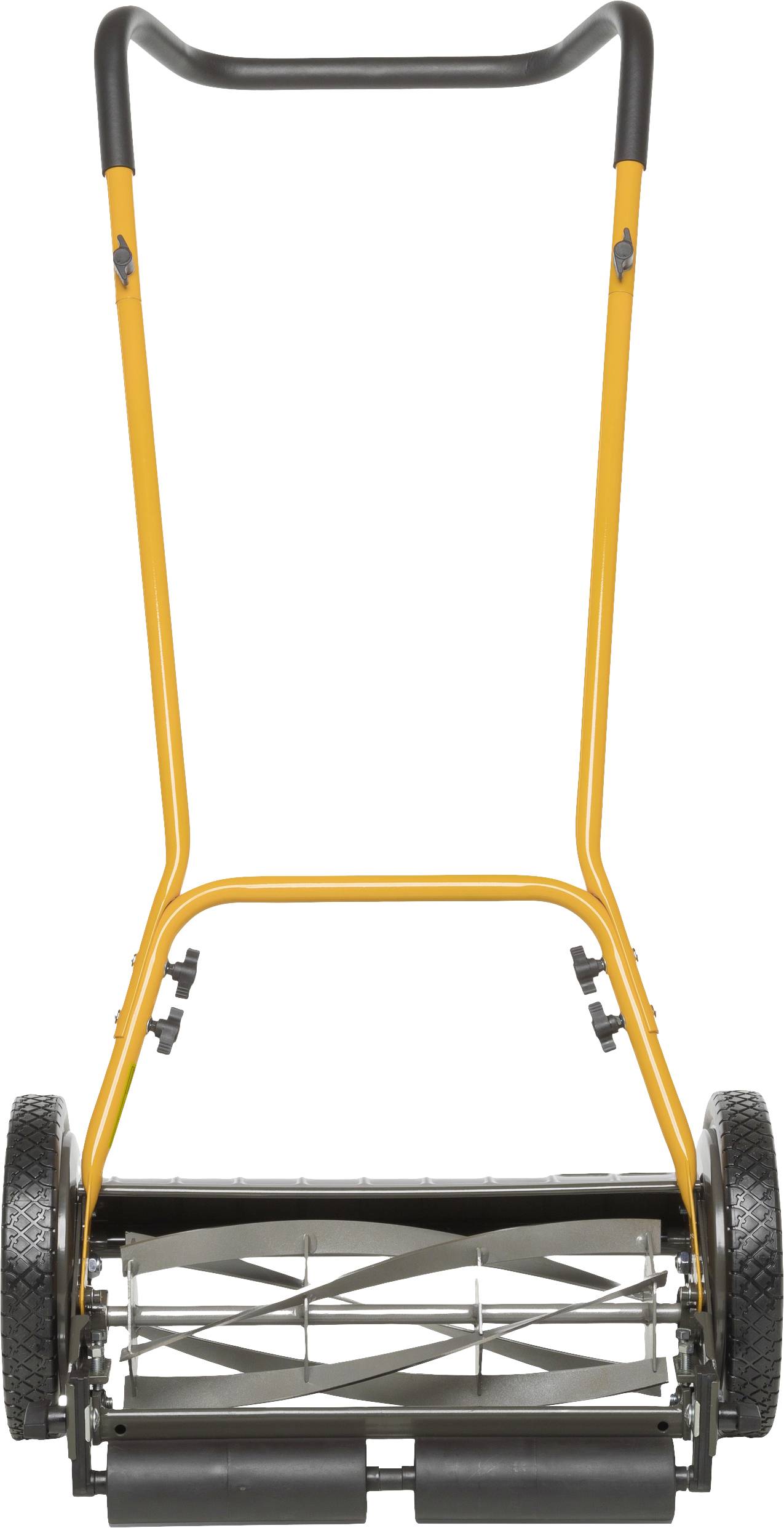 Un tosaerba manuale con telaio giallo e ruote nere, adatto per tagliare l'erba in piccoli giardini.