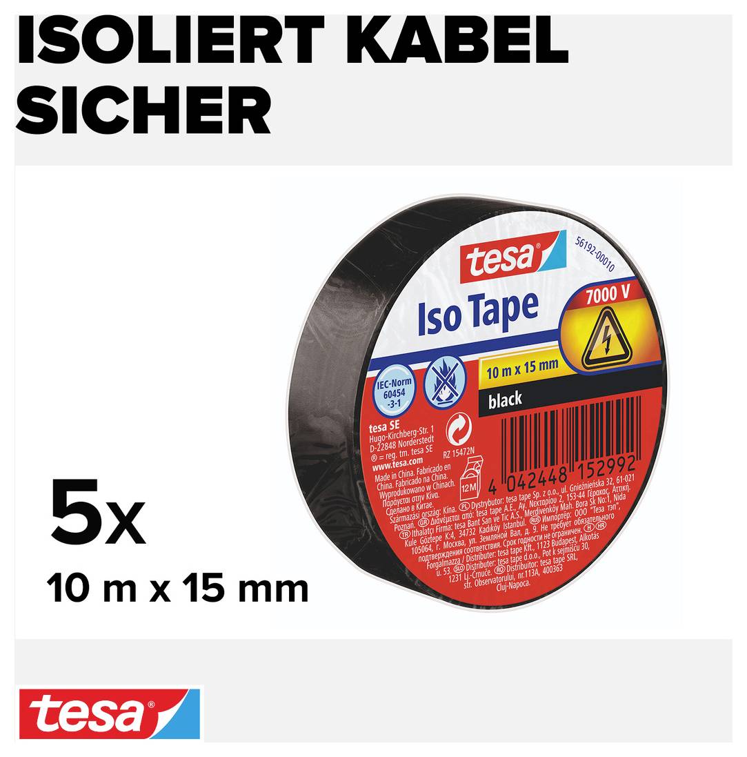 Nastro isolante 'Iso Tape' di Tesa, rotolo di nastro isolante nero, 5 pezzi da 10m x 15mm. Tensione fino a 7000V.