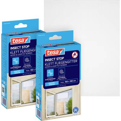 Due pacchetti di zanzariera Tesa Insect Stop con chiusura a strappo per finestre, mostrati in scatole blu con immagini della finestra del prodotto ed etichettatura in tedesco/inglese.