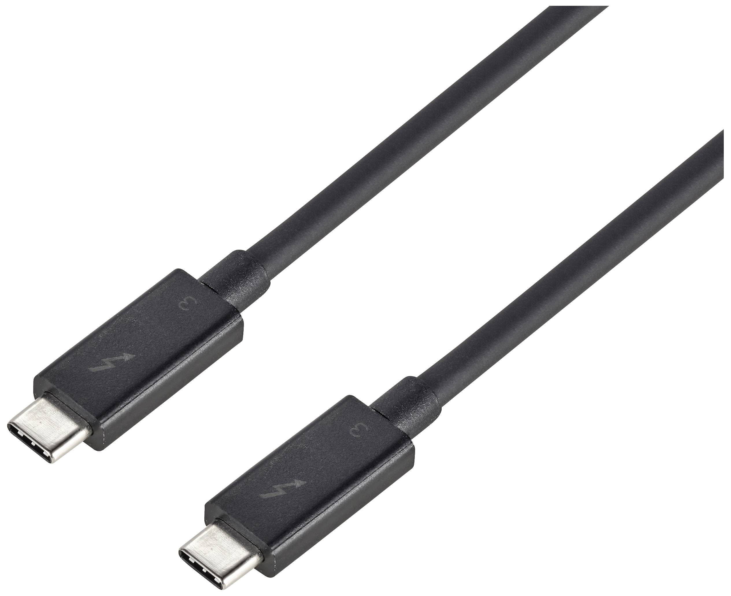 Cavo USB-C nero con simbolo Thunderbolt su entrambi i connettori, idoneo per il trasferimento dati veloce tra dispositivi compatibili.