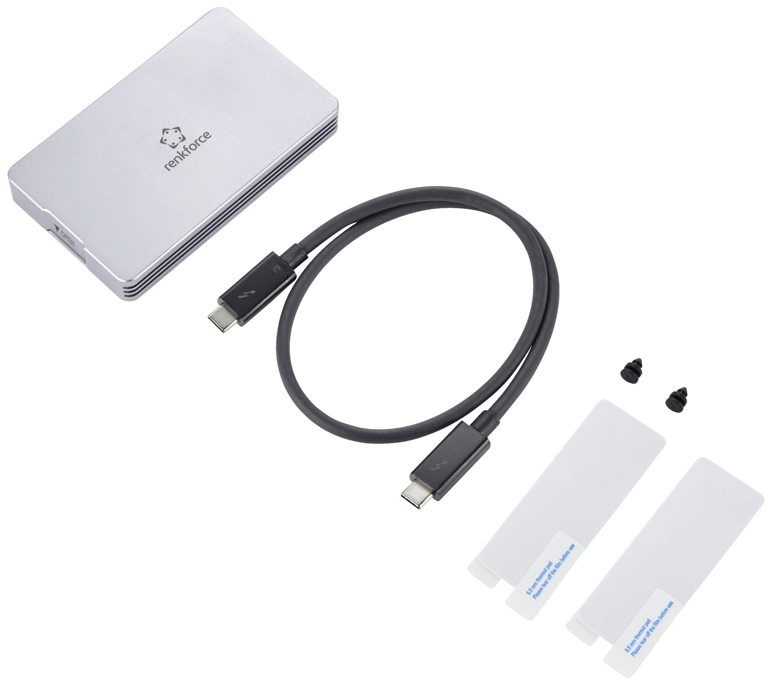 Un involucro argentato per un SSD esterno, un cavo USB-C nero, due viti e due pad termici su sfondo bianco.