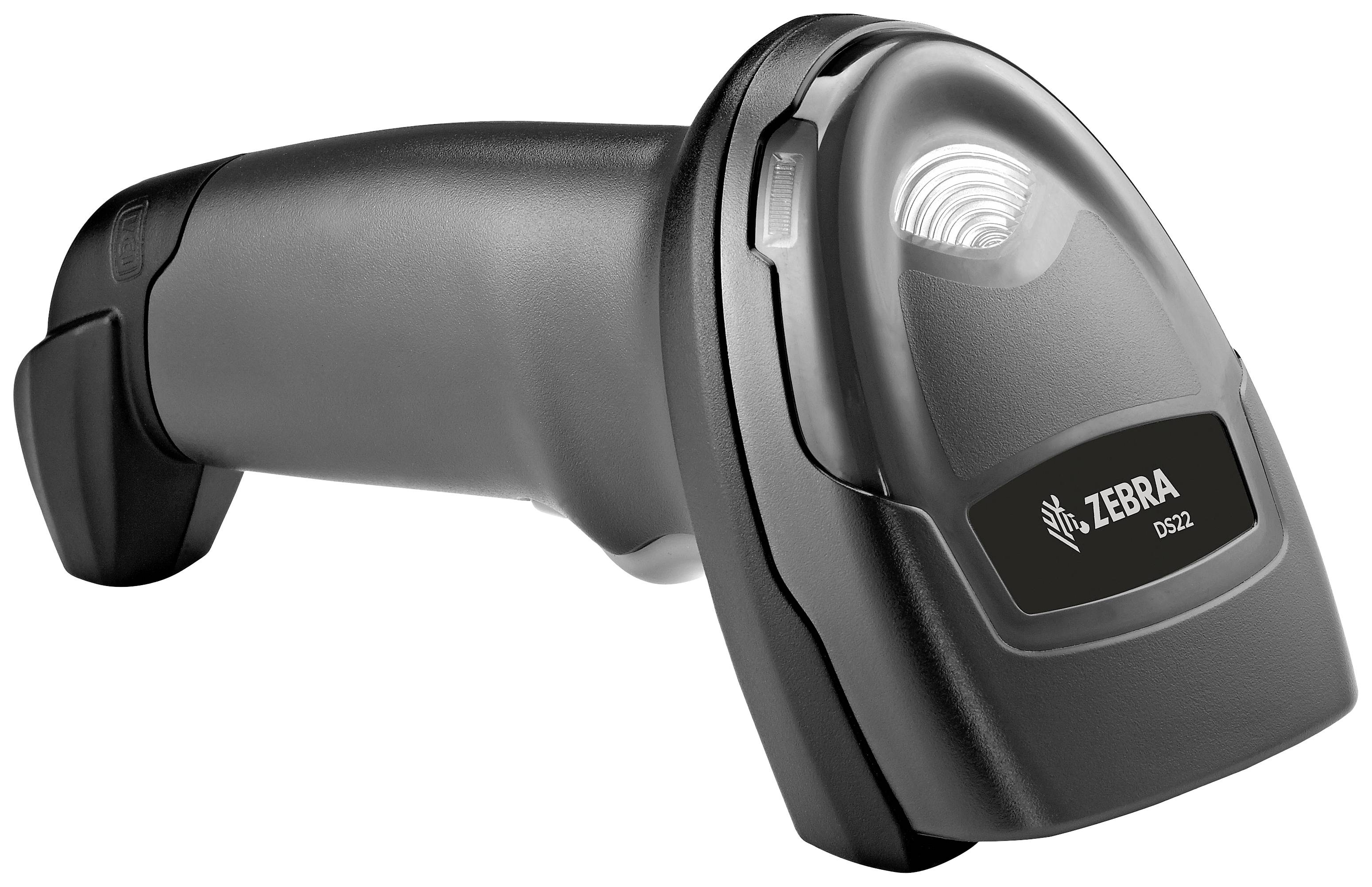 Un lettore di codici a barre nero con un manico ergonomico. È etichettato con 'Zebra DS2200' sul lato anteriore.