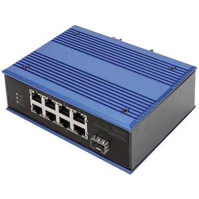 Un switch Ethernet blu con otto porte RJ45 e un ulteriore collegamento in fibra ottica sul lato frontale.