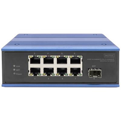 Un switch PoE industriale blu con otto porte Ethernet e una porta SFP. I LED indicano il collegamento, l'attività e l'alimentazione.