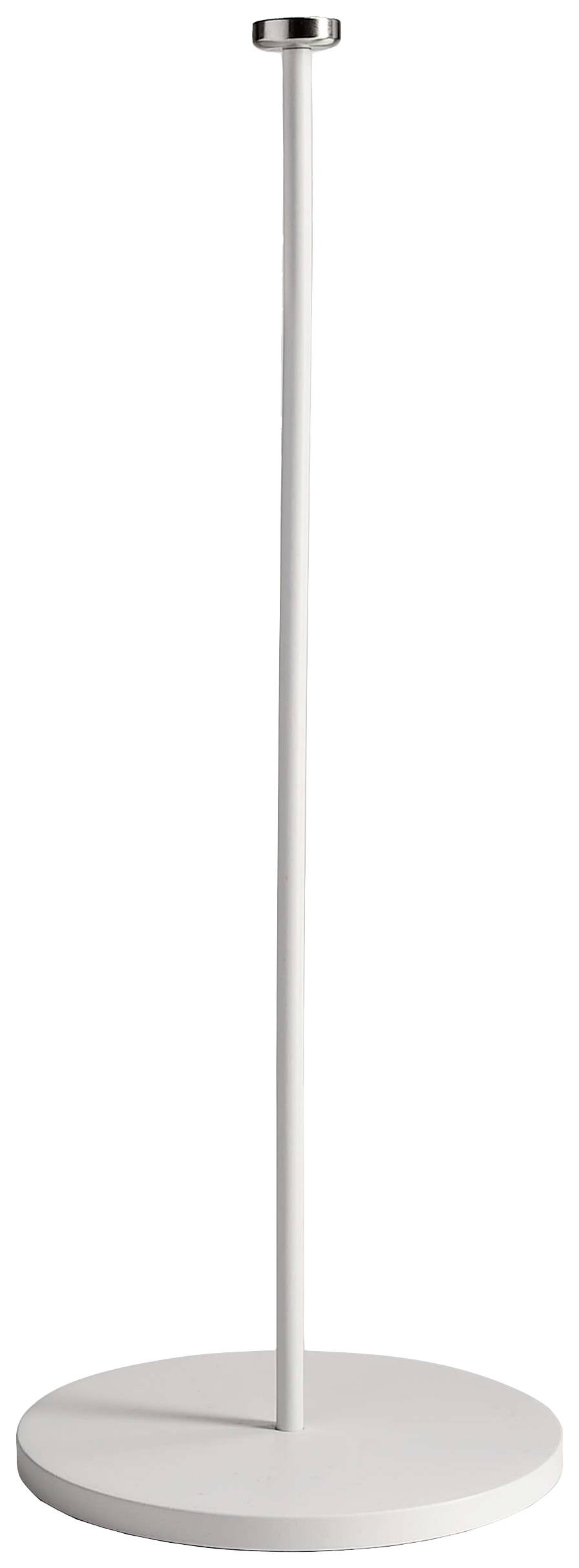 Un supporto metallico bianco, indipendente, con base rotonda e un gancio piatto e circolare in cima.