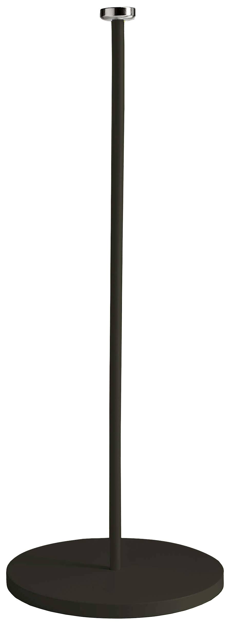 Un supporto semplice, nero, con base rotonda e un supporto metallico in alto. Adatto per posizionare o presentare oggetti.