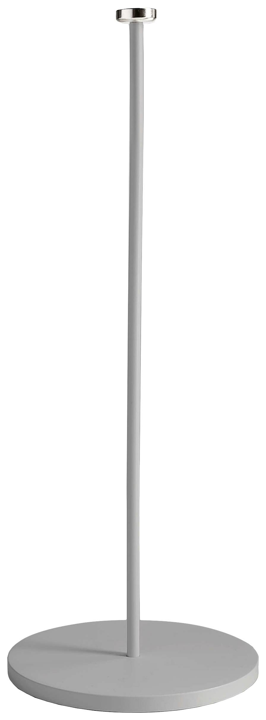 Sostegno metallico grigio, snello, con base rotonda e piccolo supporto superiore.