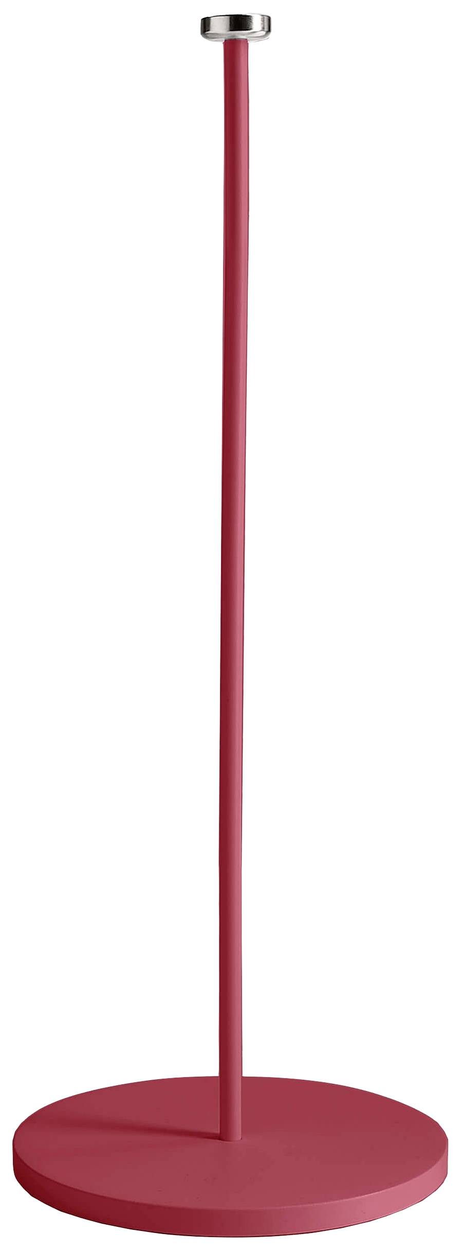 Un supporto rosso, snello, con base rotonda, con un piccolo accessorio argentato in cima; probabilmente un supporto per un oggetto.