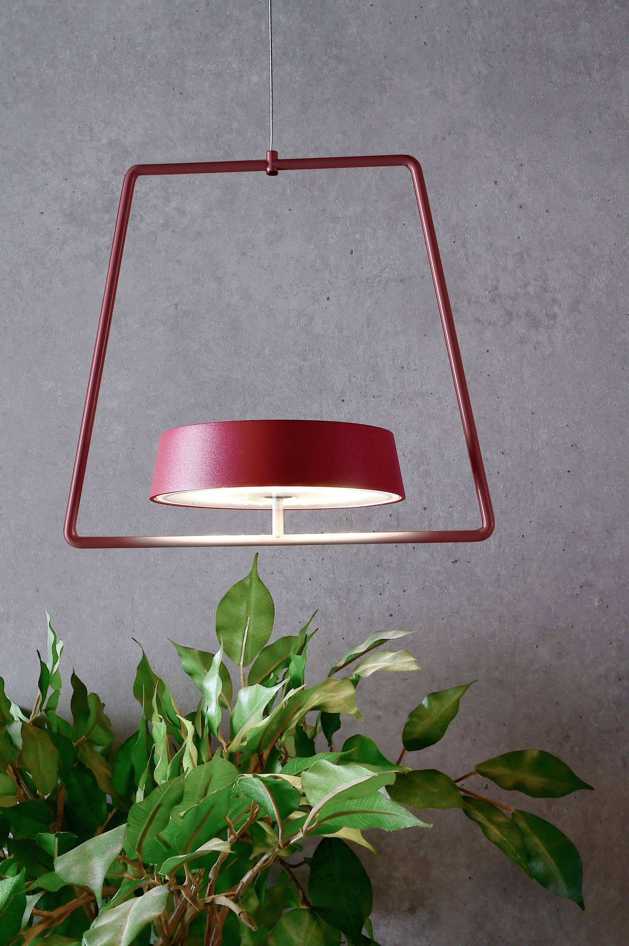 Una lampada rossa dal design geometrico è sospesa sopra foglie verdi, davanti a una parete grigia.