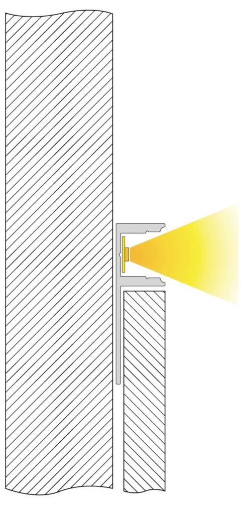 Schema in sezione trasversale di una porta scorrevole o di una apertura con pannello divisorio, con un raggio giallo brillante che attraversa lo spazio tra i due pannelli.
