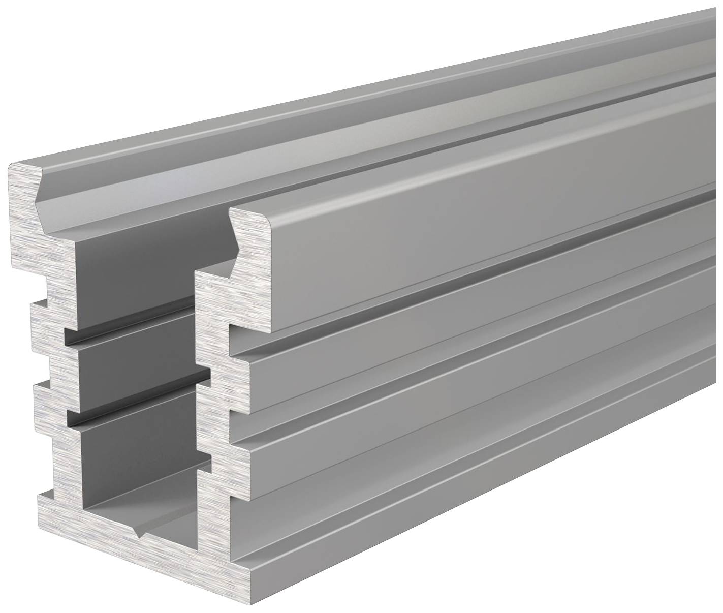 Un profilo in alluminio argentato con diverse scanalature a gradini. Viene utilizzato per la costruzione di telai o strutture nel settore della ingegneria meccanica.