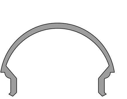 Contorno di una staffa o morsetto metallico grigio a forma di arco, con estremità aperte su entrambi i lati.