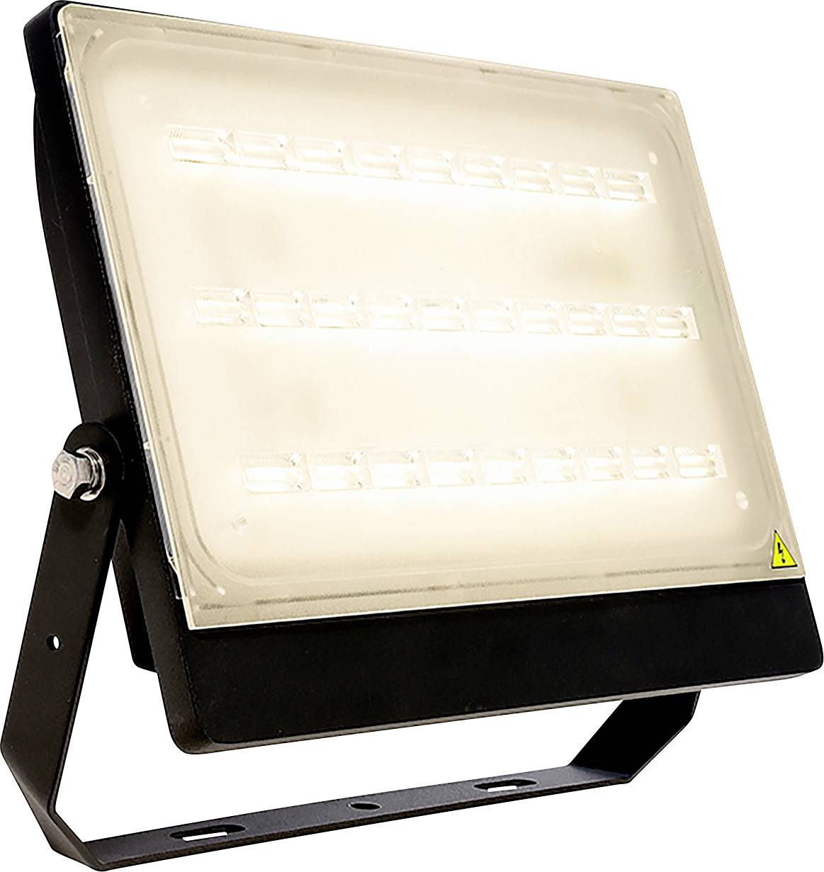 Faro LED su una staffa in metallo nero, mostrato in una vista frontale angolata con lente trasparente ed etichetta di avvertenza.