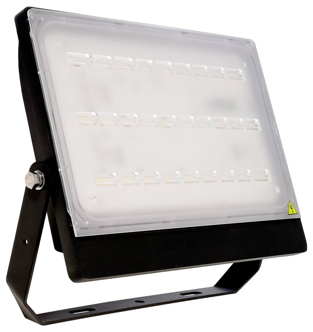 Faro a LED con staffa di montaggio nera regolabile e lente anteriore smerigliata, mostrato su sfondo bianco.