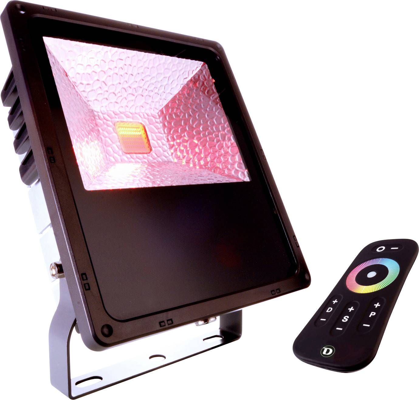 Un proiettore LED nero con riflettore interno che si illumina di rosa, accanto a un telecomando nero con cerchio dei colori e tasti.