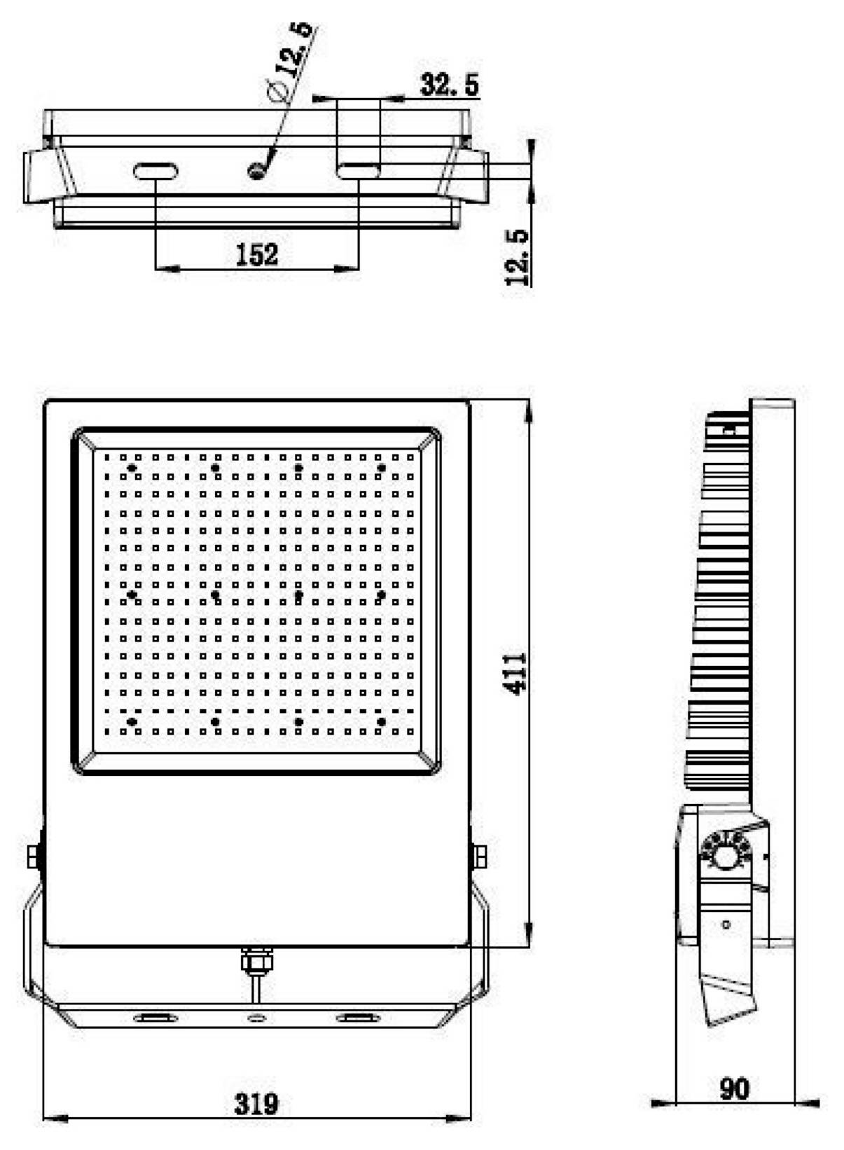 Disegno tecnico quotato di un dispositivo rettangolare, con viste frontale, laterale e dall'alto, con misure 319 x 411 x 90 mm e un foro da 12,6 mm.