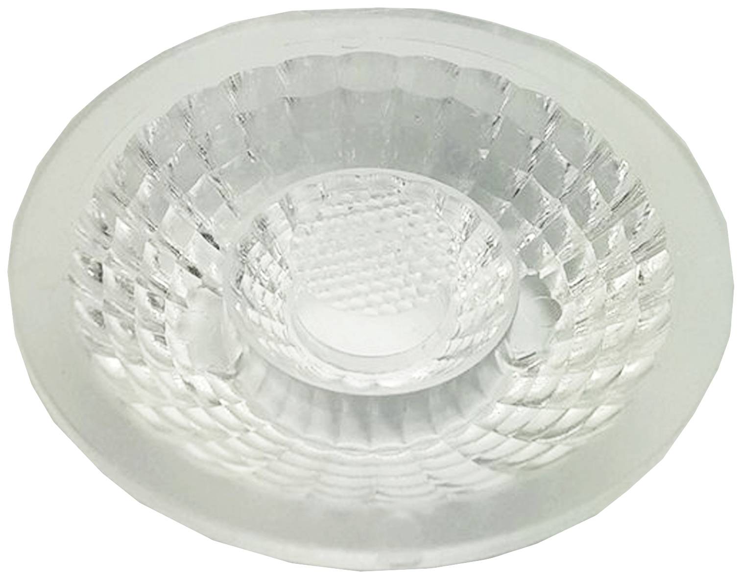 Oggetto rotondo in vetro, strutturato, con cerchi concentrici incisi e texture.