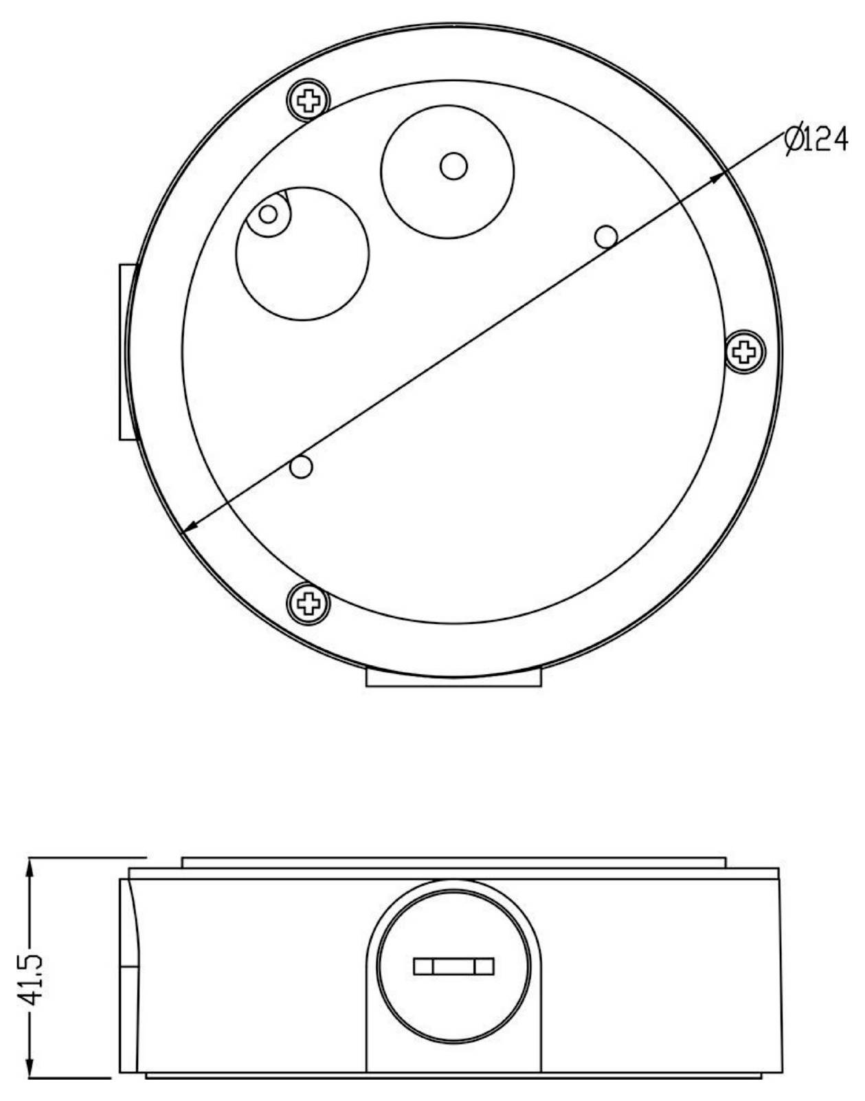 Disegno tecnico di un dispositivo circolare, con viste dall'alto e laterale, viti di fissaggio e indicazioni di diametro 24 e altezza 41,5.