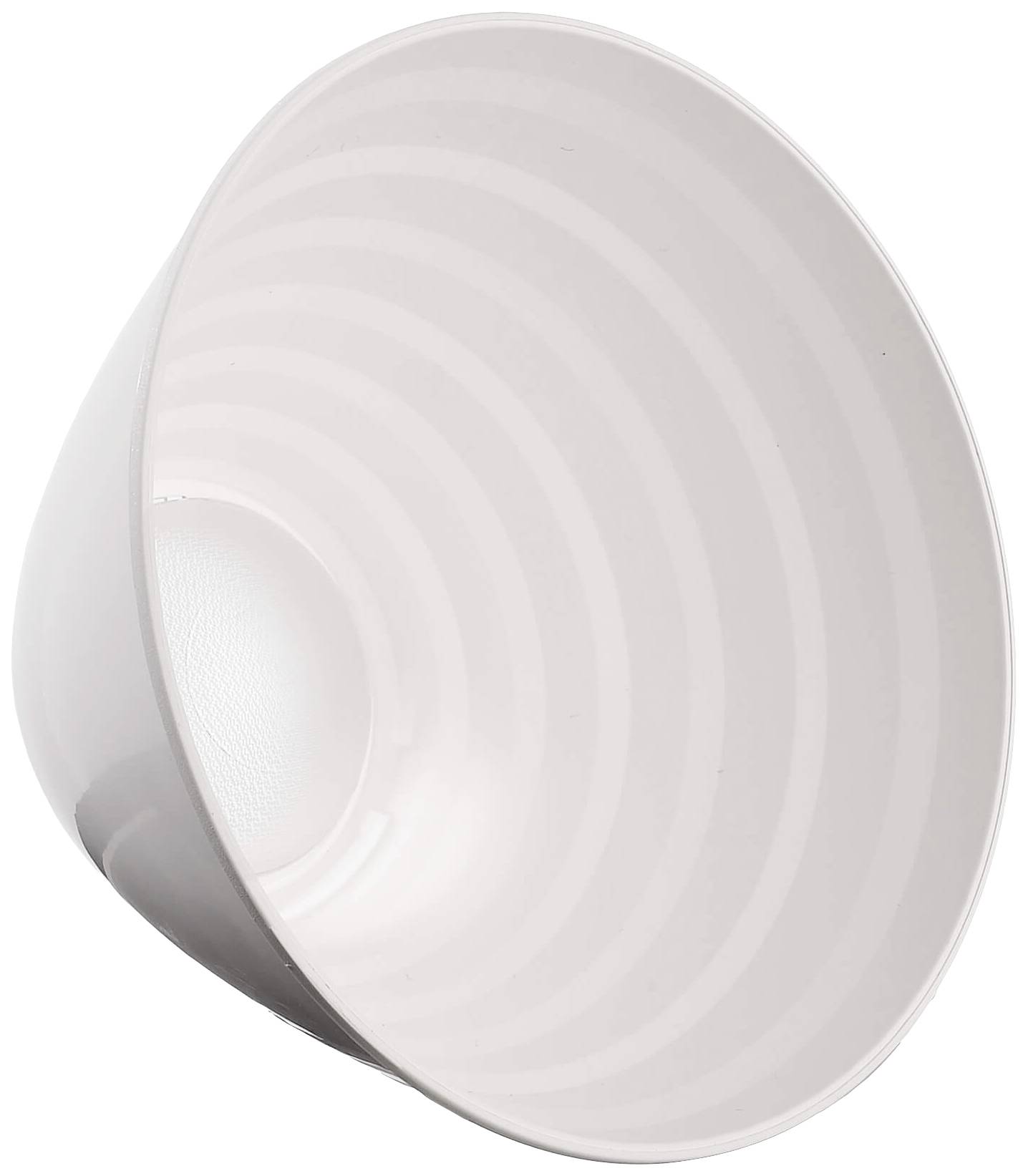 Una ciotola di ceramica capovolta, bianca e grigia, con motivi decorativi, su sfondo bianco.