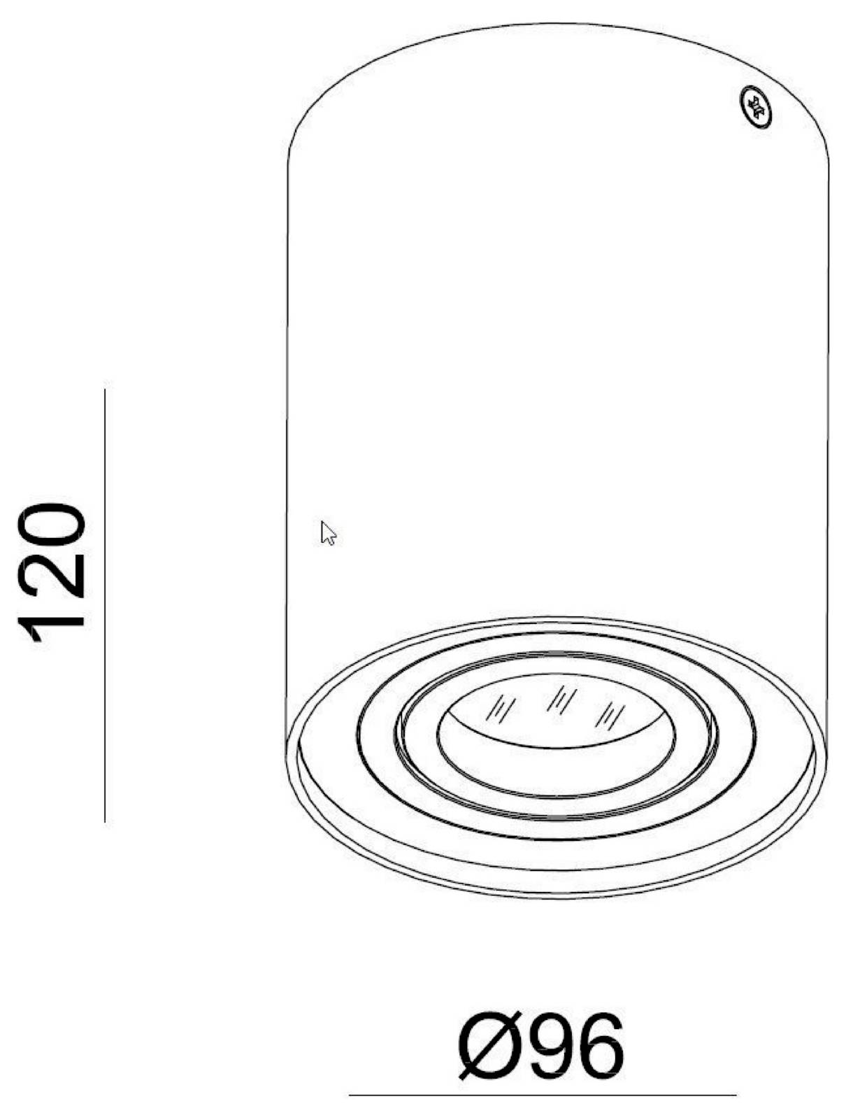 Disegno tecnico di un plafoniera cilindrica da soffitto, con indicate altezza 120 mm e diametro 96 mm, con parte superiore arrotondata e base circolare.