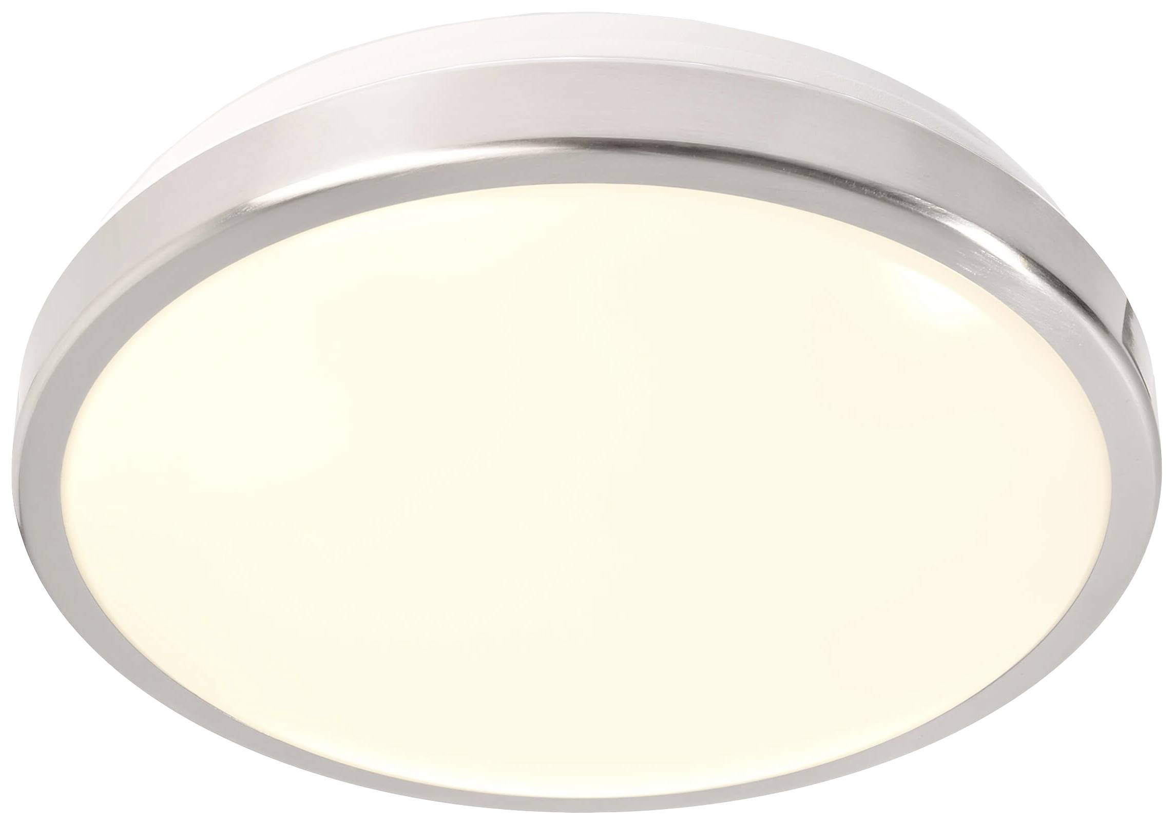 Plafoniera rotonda con bordo argentato e superficie luminosa bianca, illuminazione uniforme. Ideale per interni moderni.