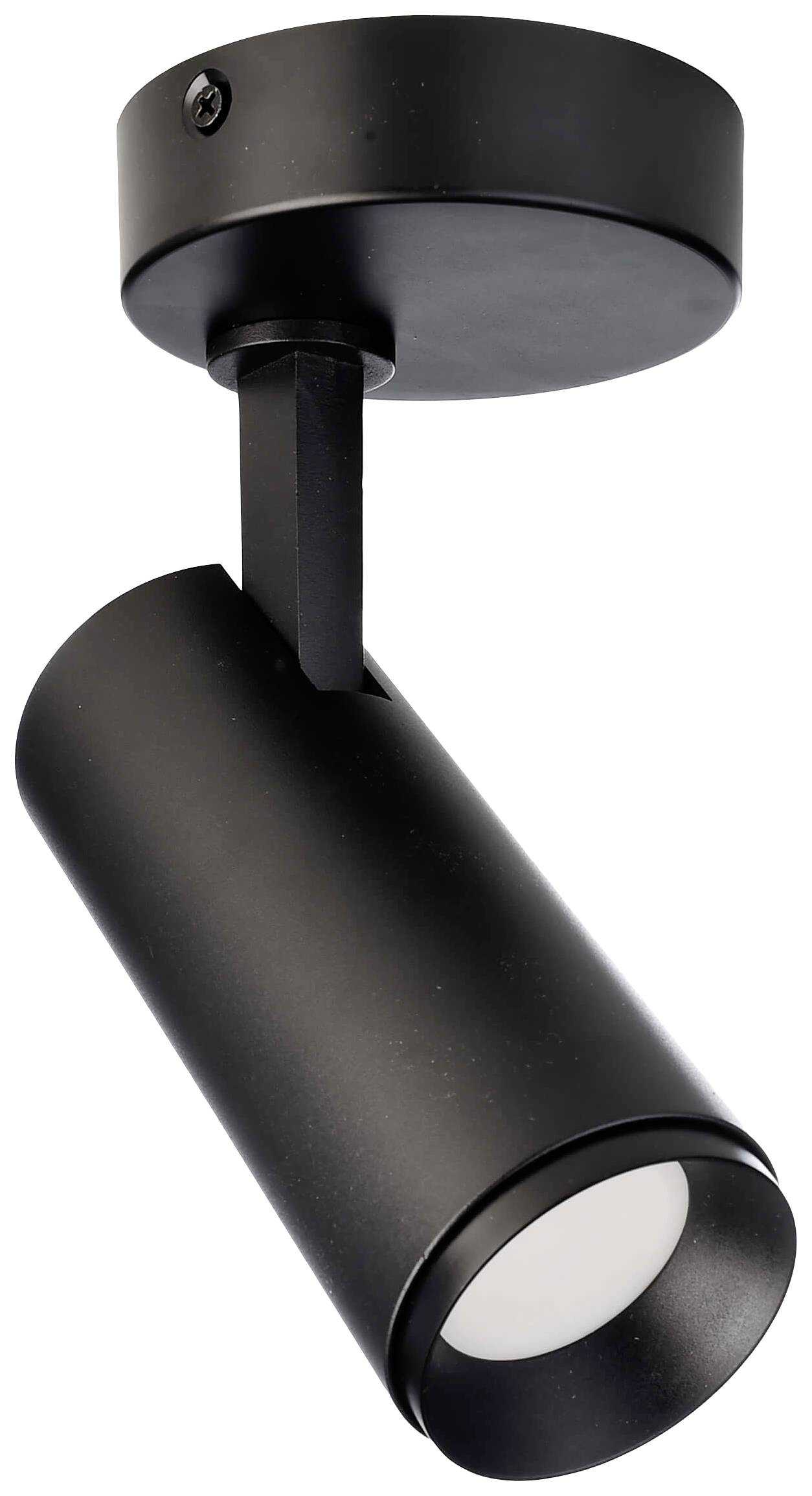 Lampada da soffitto nera, cilindrica, con faretto orientabile, montata su una base rotonda. Ideale per l'illuminazione di accento.
