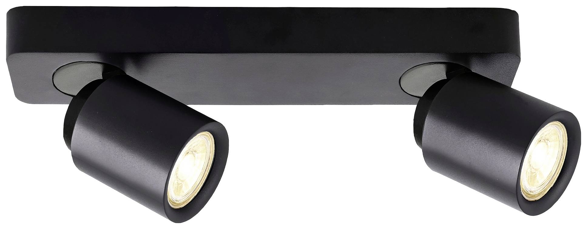 Plafoniera nera con due faretti orientabili che emettono una luce calda.