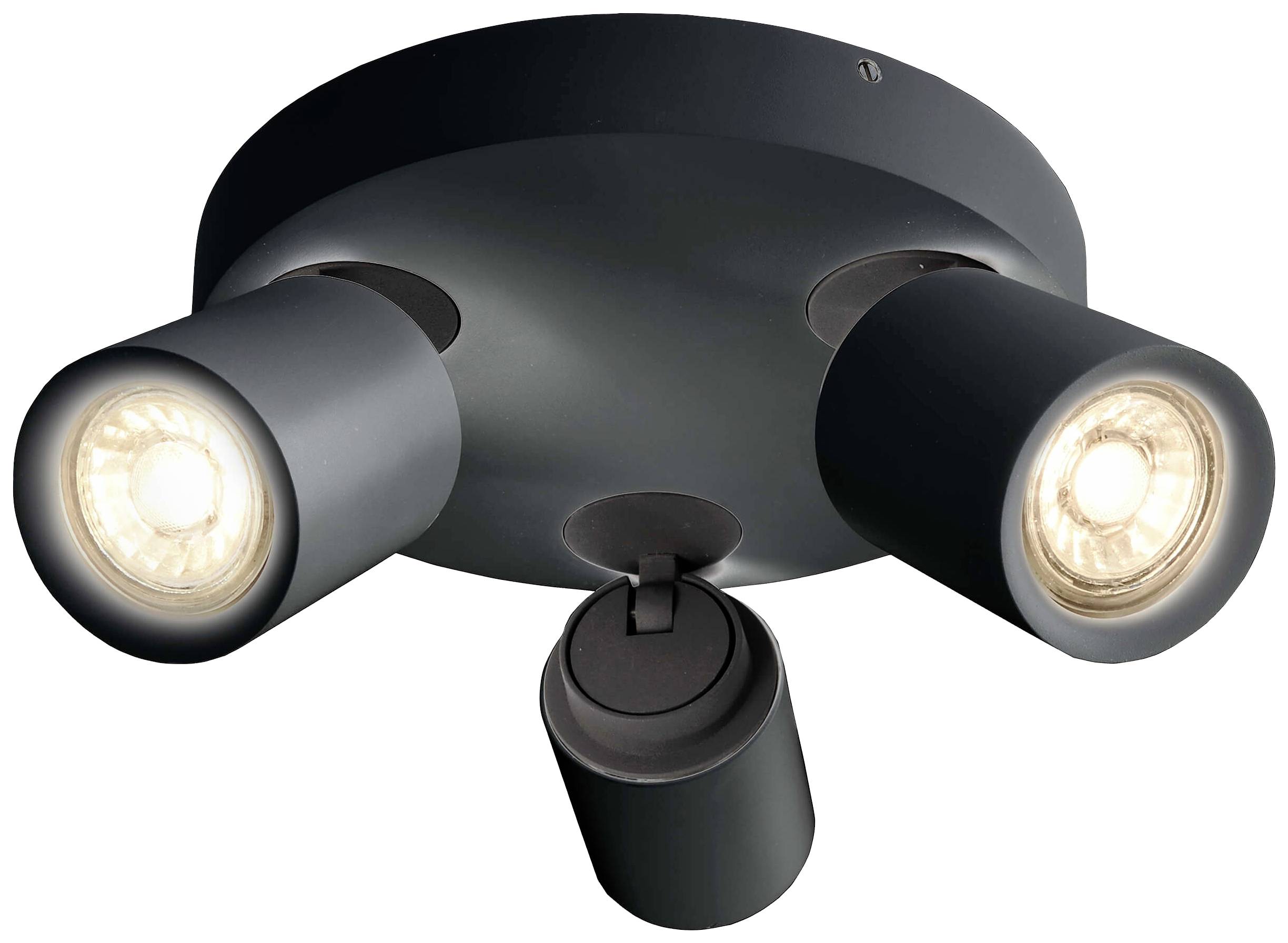 Plafoniera nera e rotonda con tre teste lampada cilindriche regolabili. Due teste sono accese, una è spenta.