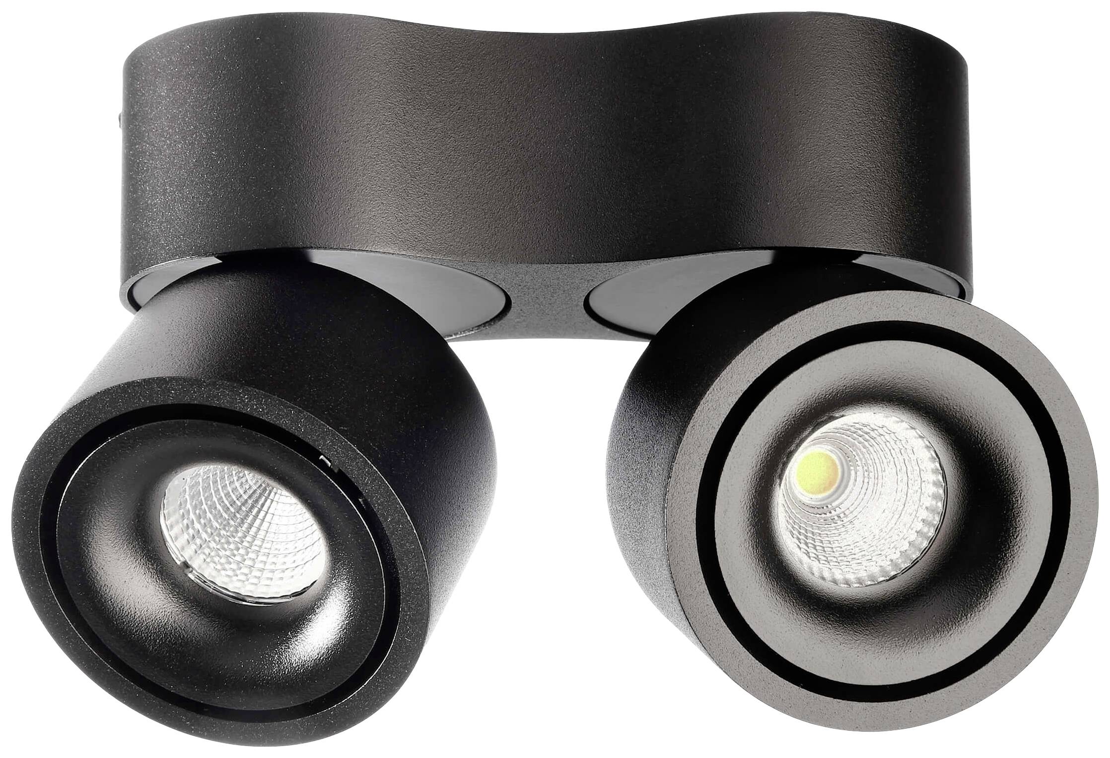 Due faretti LED a soffitto di colore nero, a forma di cilindro, montati su un supporto ondulato per l'illuminazione verso il basso.