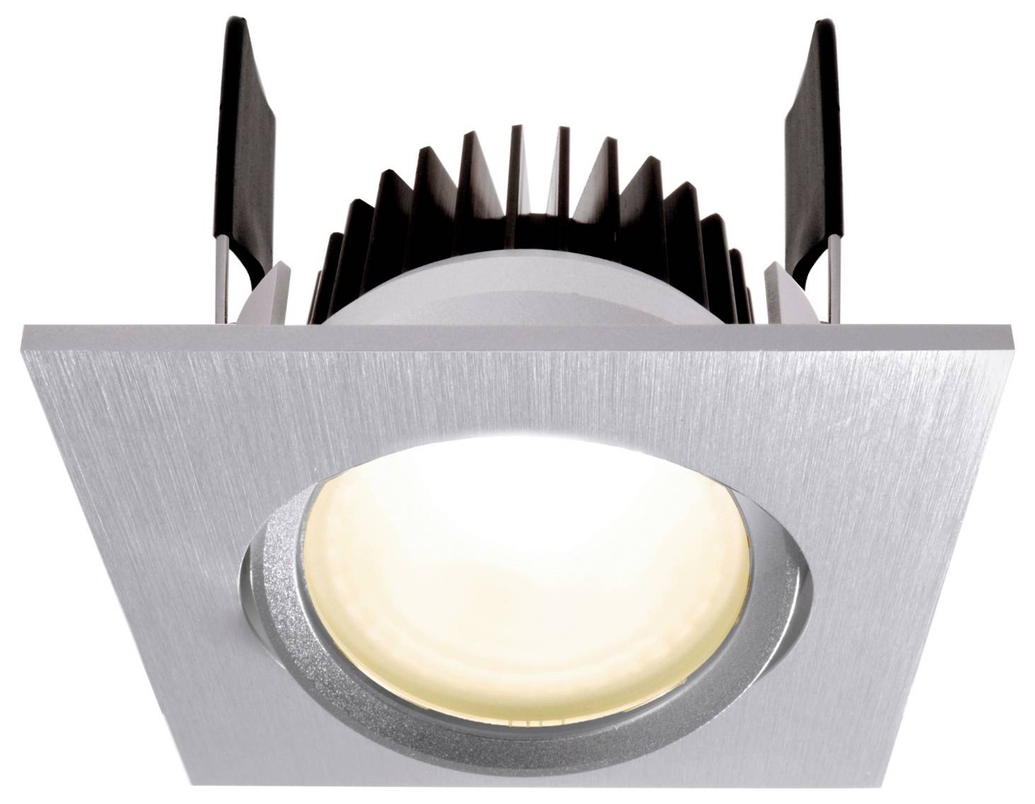 Faretto LED quadrato da incasso con cornice argentata spazzolata e alette di dissipazione nere, mostrato in vista frontale su sfondo bianco.