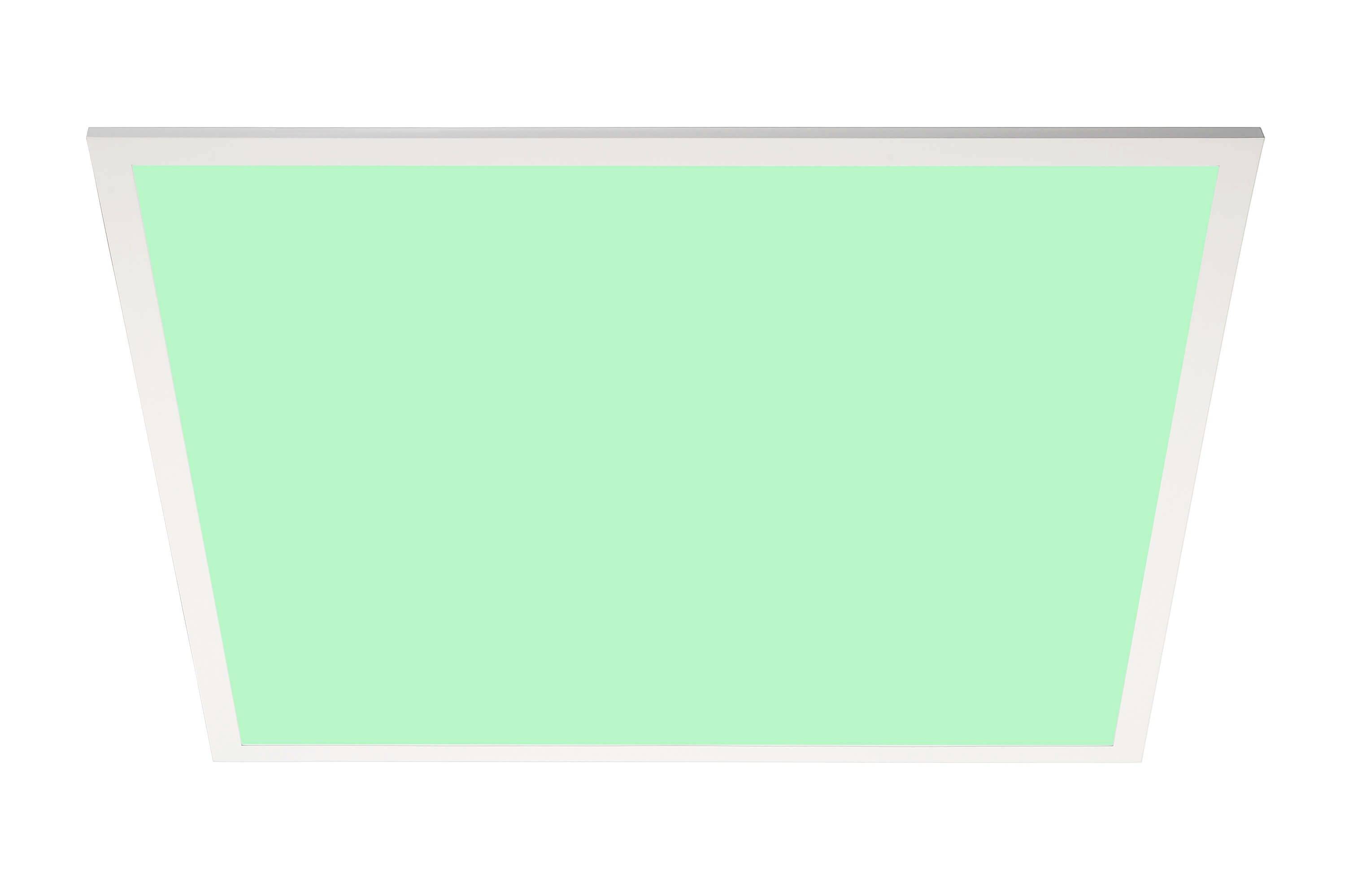 Pannello LED con cornice bianca e superficie centrale verde luminosa. Montaggio a soffitto, idoneo per una distribuzione uniforme della luce.
