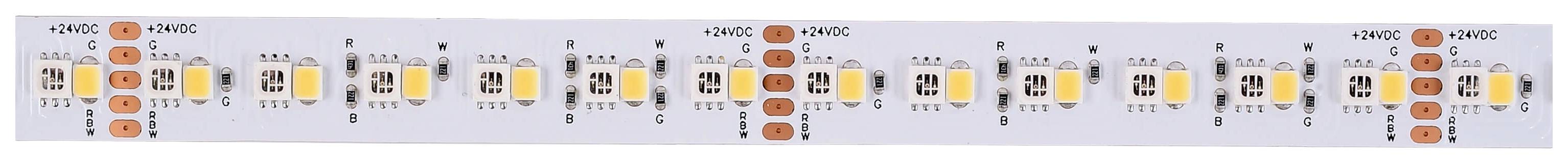 Striscia LED flessibile con diodi rossi, gialli e bianchi disposti a intervalli regolari, adatta per illuminazione decorativa.