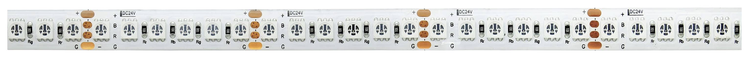 Lunga striscia LED con chip LED arancioni e marcature simili a componenti, che mostra la disposizione dei LED sulla scheda.
