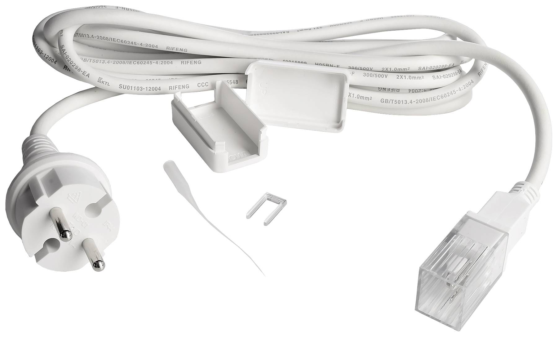Un cavo elettrico bianco con una spina e un connettore di rete trasparente. Accessori: una fascetta per cavi e un clip in plastica.