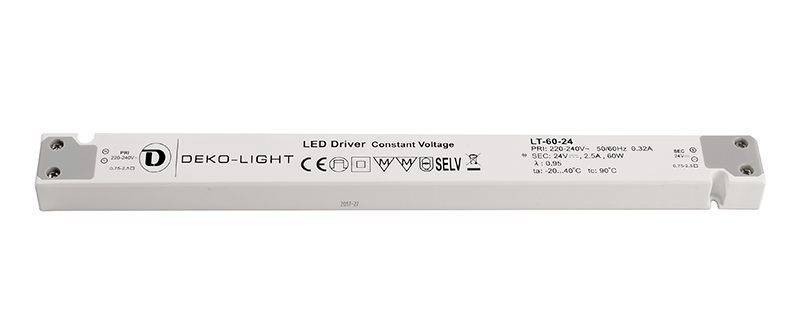 Un driver LED di Deko-Light, modello LT-60-24, idoneo per tensione di ingresso 220-240V, con uscita 24V, 2,5A, 60W.