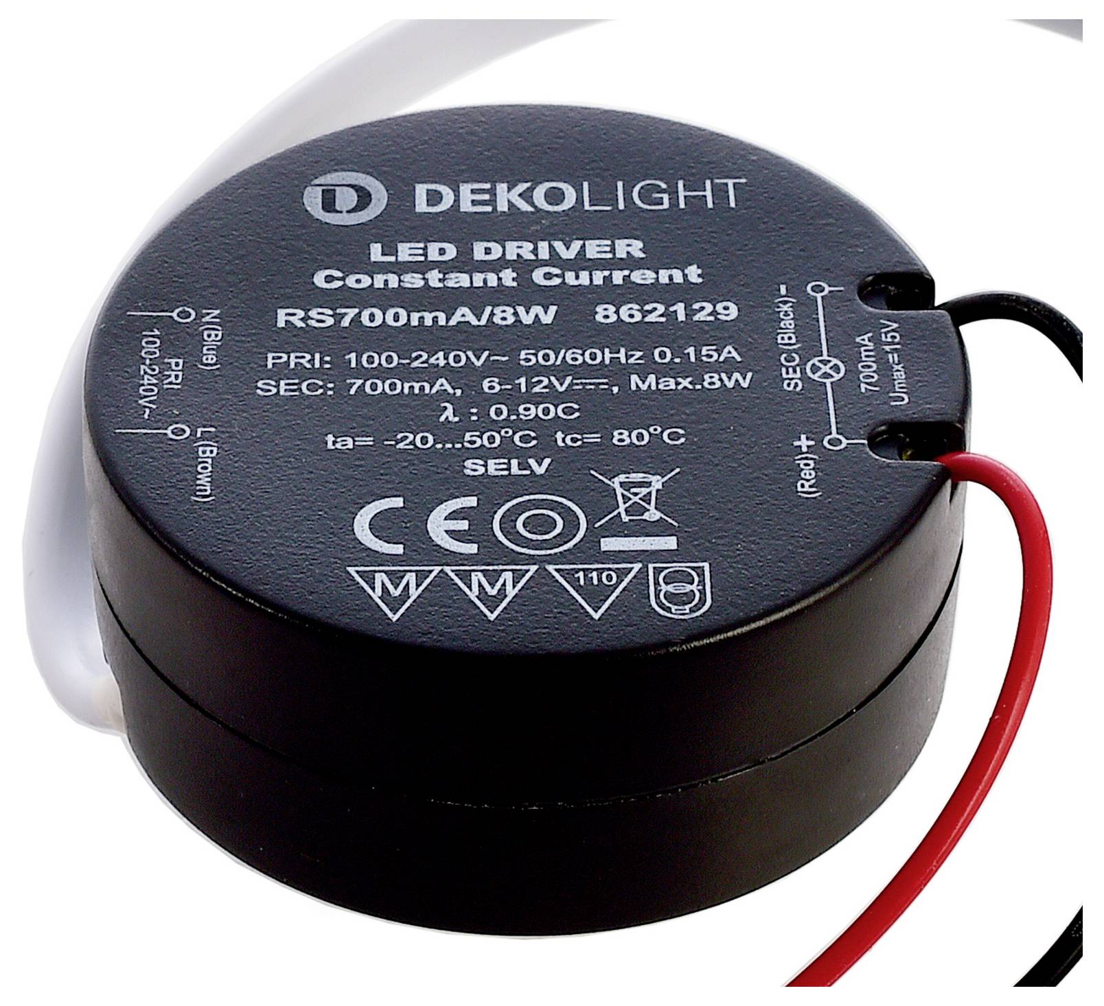 Alimentatore a corrente costante per LED Round Dekolight con cavi neri e rossi, etichettato RS700MA/8W e con le specifiche elettriche.