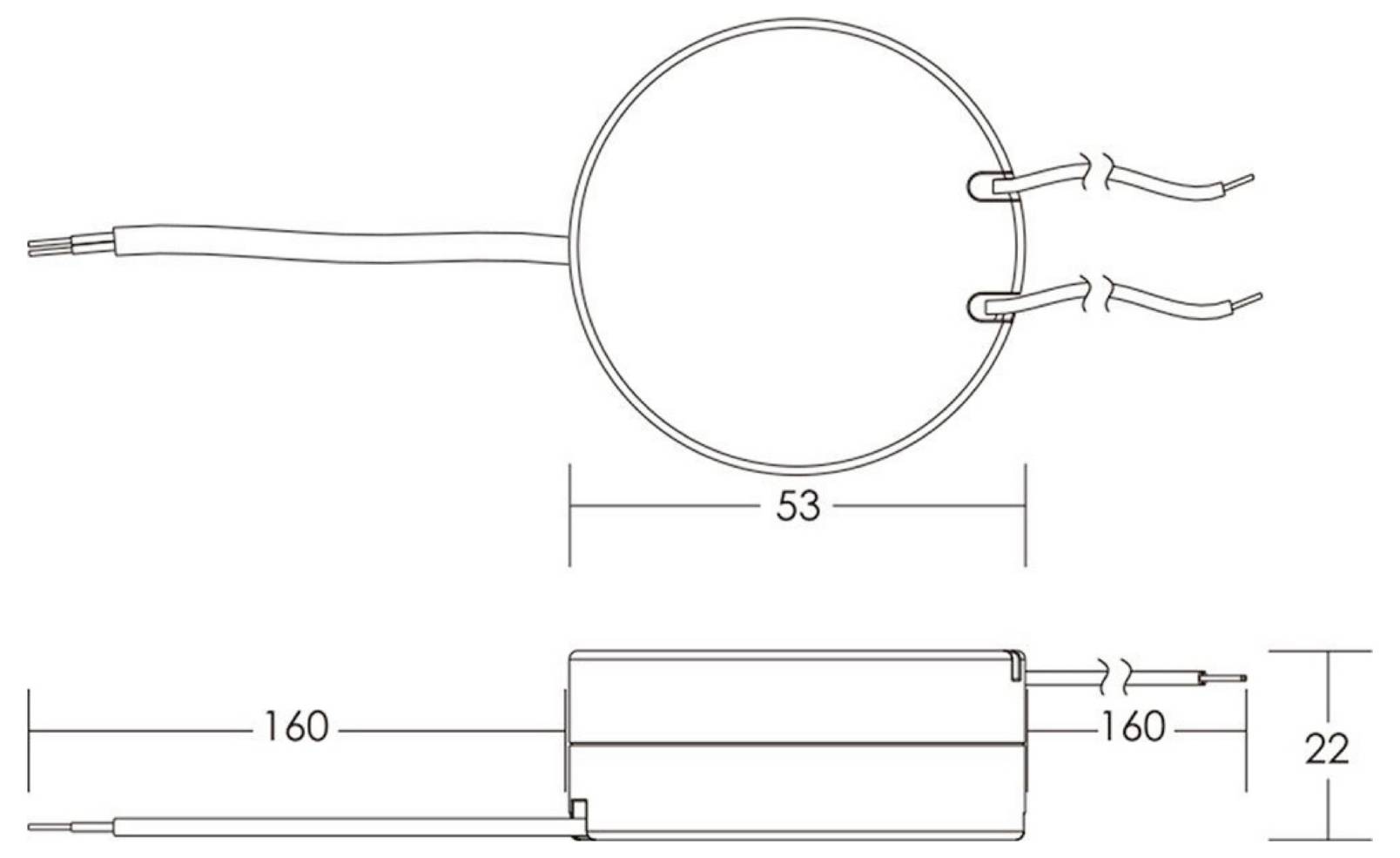 Disegno tecnico lineare di un componente rotondo con due terminali a filo sulla destra e un cavo sulla sinistra, mostrato in viste dall'alto e laterale con quote 53, 160 e 22.