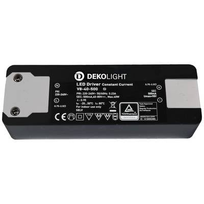 Driver LED nero del marchio Dekolight, modello V8-40-500, con specifiche tecniche e marcature di sicurezza sulla superficie superiore.