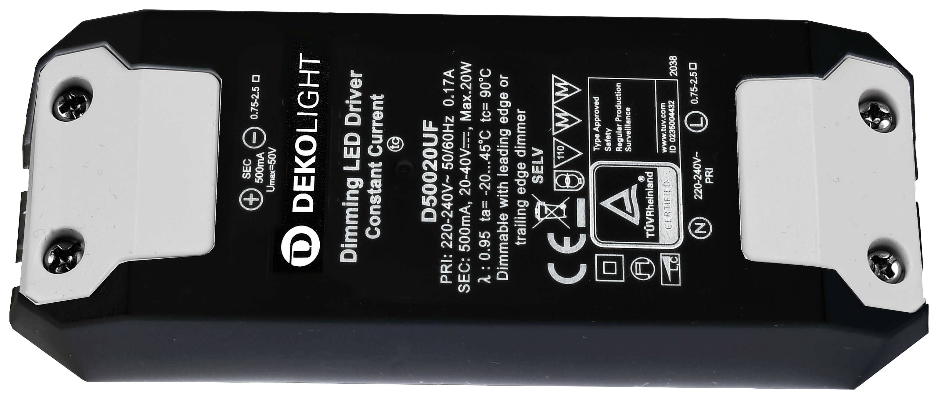 Un driver LED rettangolare con la scritta 'DEKOLIGHT Dimming LED Driver'. Mostra specifiche, simboli CE e RoHS.
