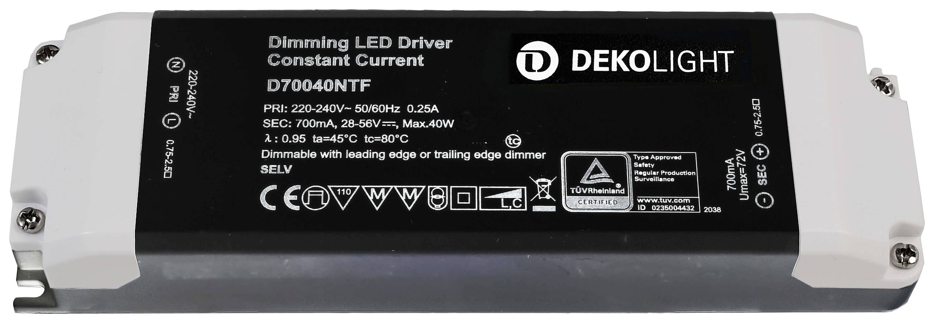 Dimmerabile driver LED con sorgente di corrente costante, 700mA, max. 40W, di Dekolight, dettagli di connessione e simboli di sicurezza visibili.