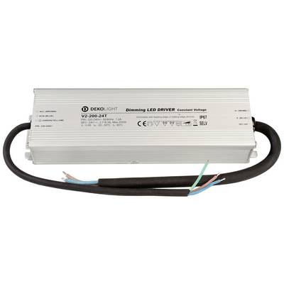 Un driver LED argentato di Deko-Light modello 'V2-200-24T', adatto per 200W e uscita a 24V, dimmerabile, certificato IP67.