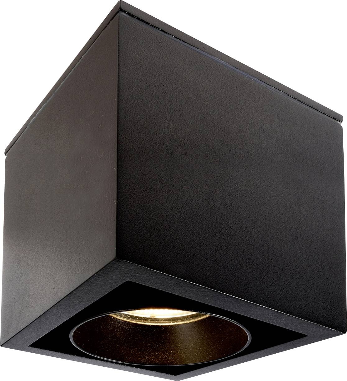 Un lampadario a soffitto a forma di cubo, nero, con una lampadina illuminata al centro.