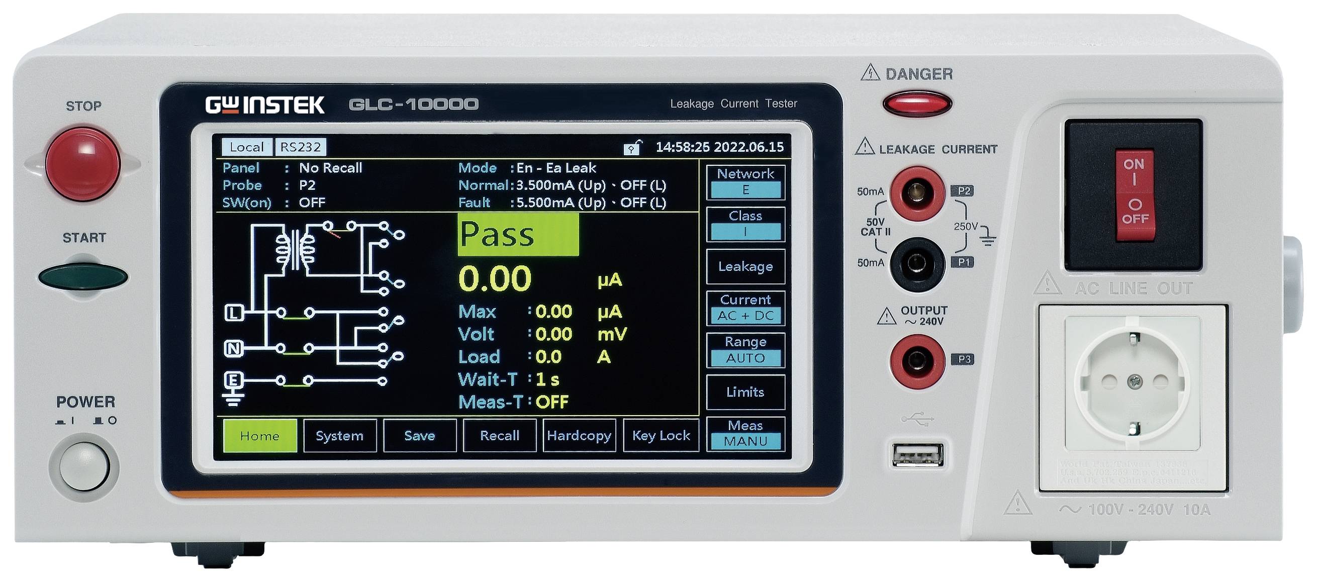 Un dispositivo di misurazione digitale mostra sullo schermo i valori di misura 'Pass', i valori visualizzati per tensione e corrente, nonché interruttori e simboli di avvertenza.