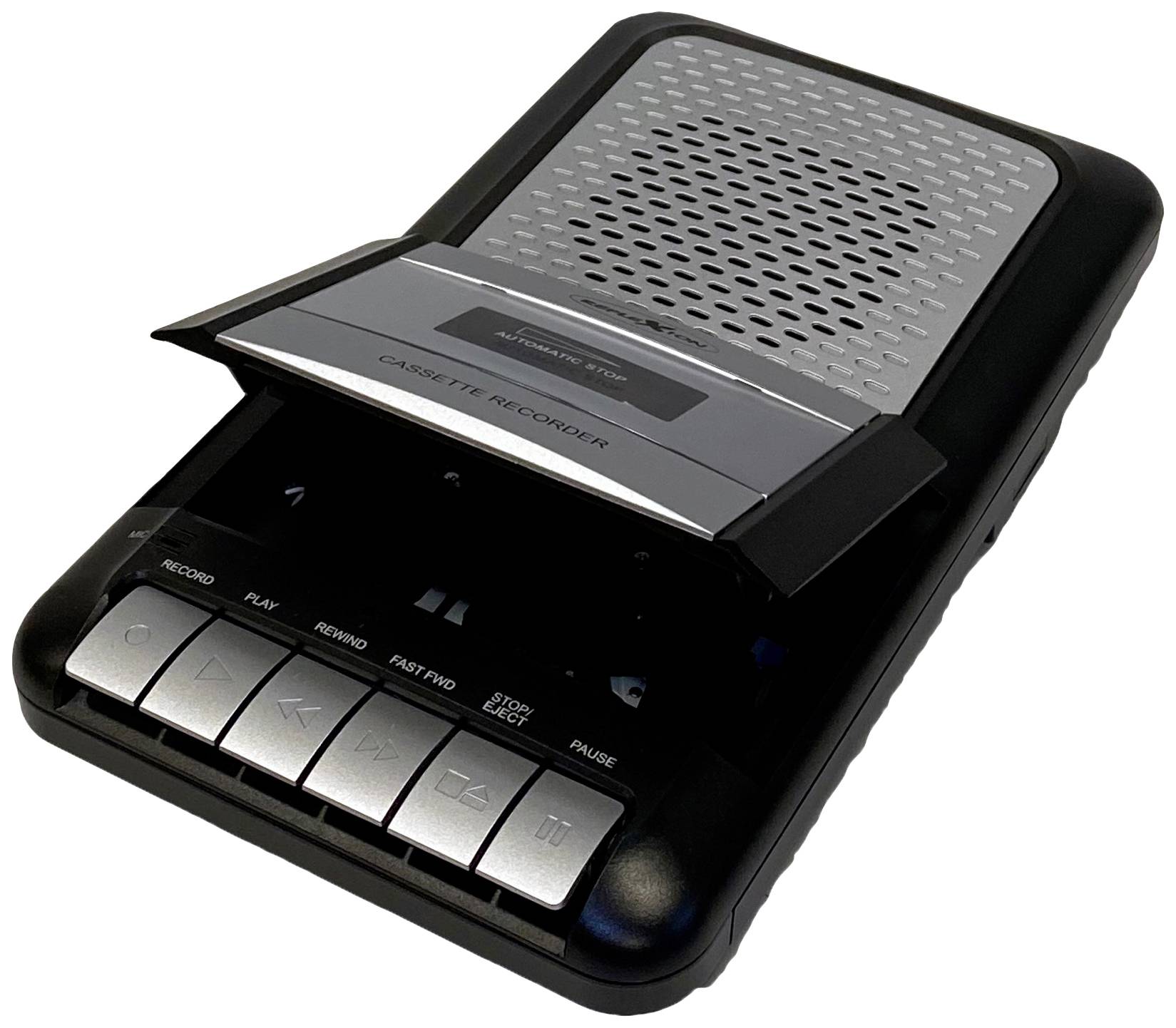 Lettore portatile di cassette con tasti di riproduzione, avanzamento rapido e registrazione, coperchio della cassetta aperto.