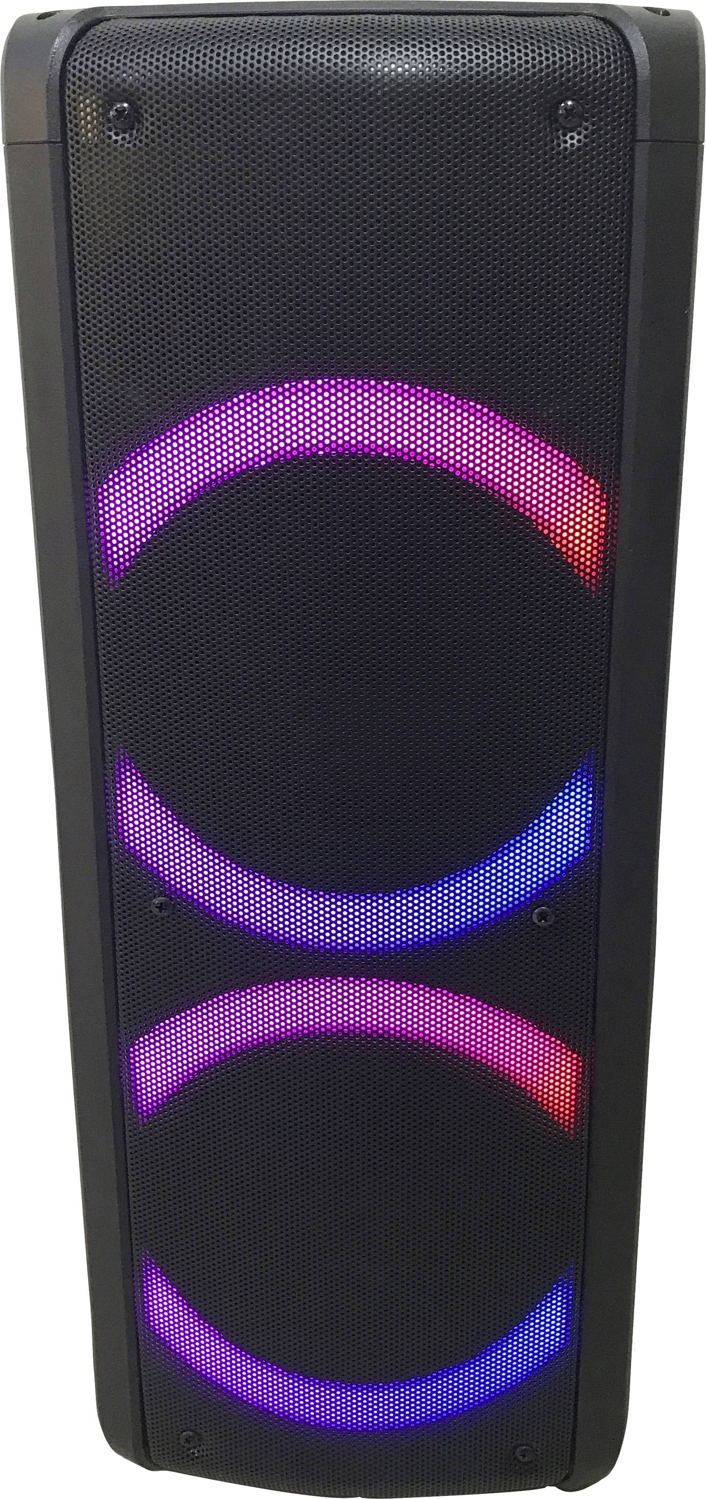 Altoparlante nero con due anelli luminosi in rosa e blu sul davanti, rappresentato in posizione verticale.
