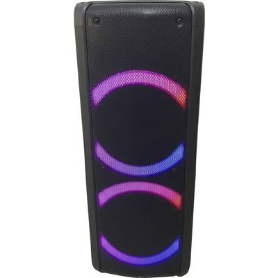 Altoparlante nero con due anelli luminosi in rosa e blu sul davanti, rappresentato in posizione verticale.