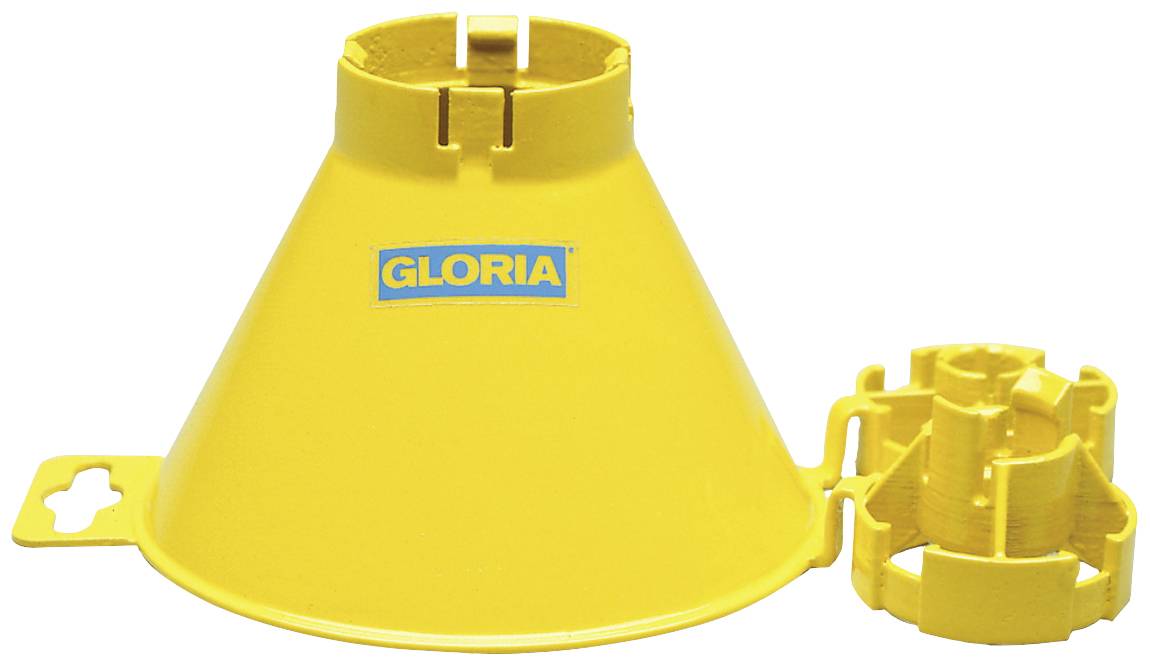 Dispositivo spray in plastica gialla con ugello. Scritta 'GLORIA' in blu. Ugello del ventile a destra, adatto per attrezzi da giardino.